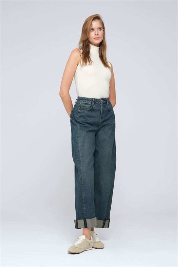 Koyu Ton Efektli Kirletilmiş Mavi Baggy Kadın Jean Pantolon
