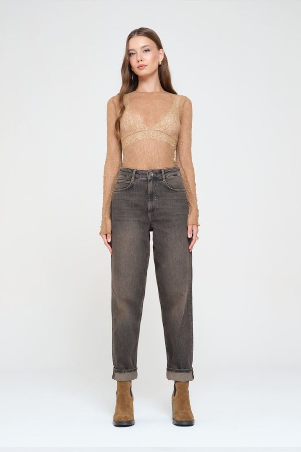 Kahverengi Loose Kadın Jean Pantolon