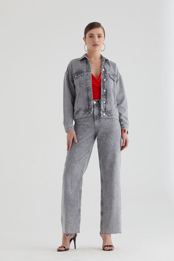 Gri Kadın Jean Ceket