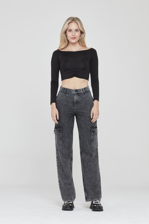 Siyah Wıde Leg Cargo Kadın Jean Pantolon