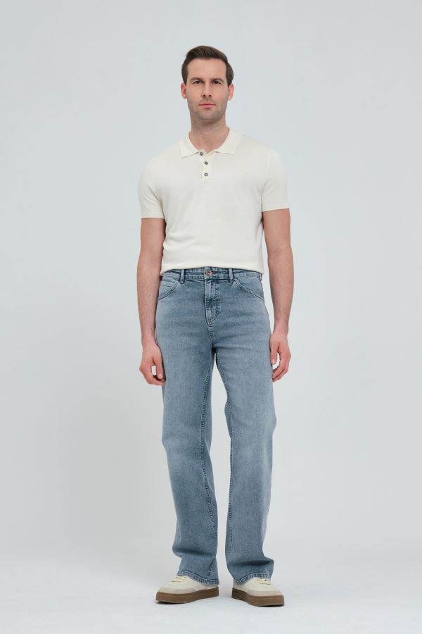 Açık Ton Eskitilmiş Grimsi Mavi Wıde Leg Erkek Jean Pantolon