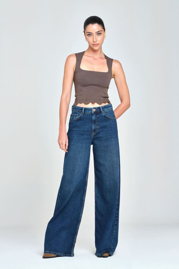 Lacivert Wıde Leg Kadın Jean Pantolon