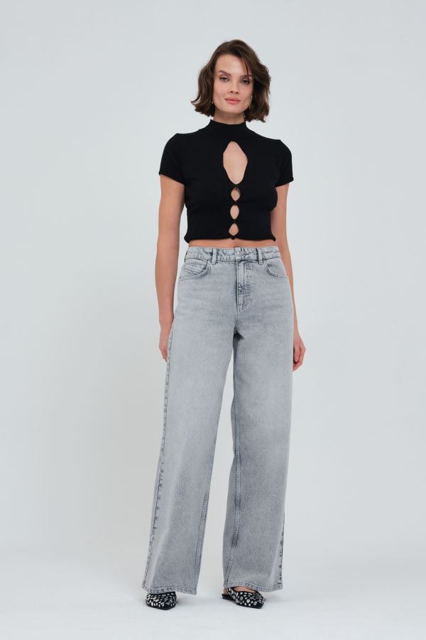 Açık Tonlarda Eskitilmiş Gri Wıde Leg Kadın Jean Pantolon