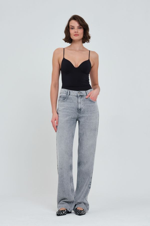 Gri Wıde Leg Kadın Jean Pantolon