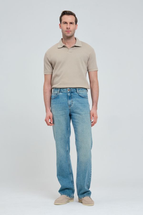 Orta Ton Eskitilmiş Yeşilimsi Mavi Wıde Leg Erkek Jean Pantolon