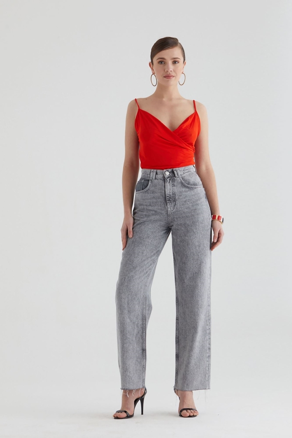 Gri Wıde Leg Kadın Jean Pantolon
